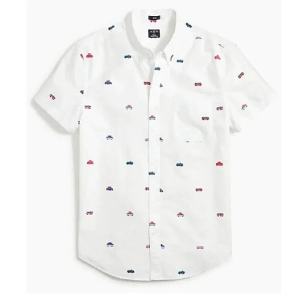 J Crew Men's Flex Oxford Tops 2XL Cotton Slim Fit Cars Graphic Print Shirt $89